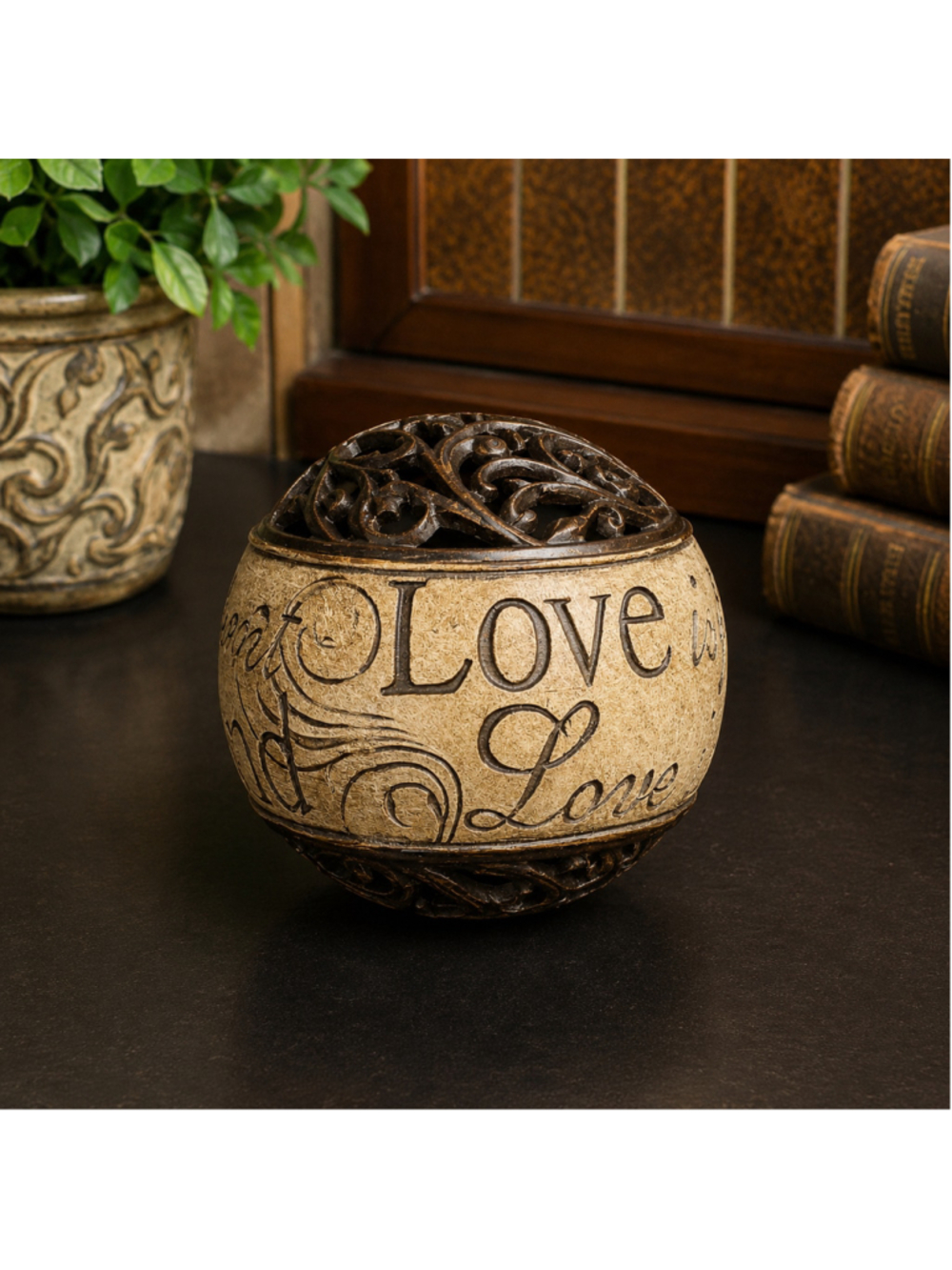 Vintage Love Decorative Orb Cream Bronze Filigree Scrollwork Sphere Home Decor